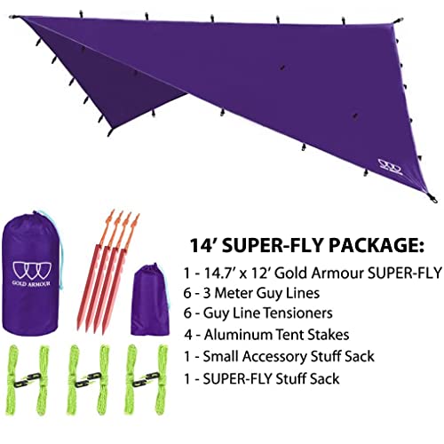 Gold Armour Rainfly Tarp Hammock, Premium 14.7ft/12ft/10ft/8ft Rain Fly Cover, Waterproof Ultralight Camping Shelter Canopy, Survival Equipment Gear Camping Tent Accessories (Purple 14.7ft x 12ft)