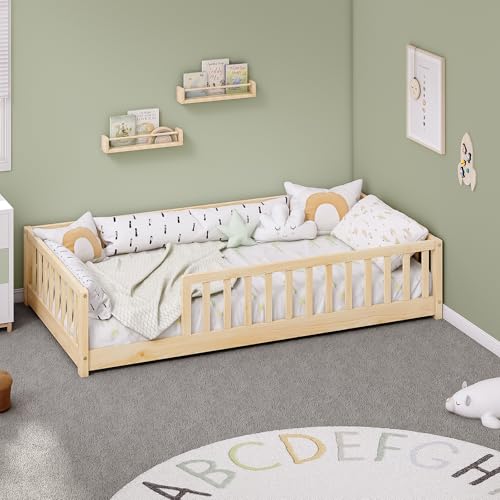 Zurefano Twin Montessori Floor Bed with Rails Solid Wood Floor Bed Frame for Kids Montessori Bed with Slats No Box Spring Needed Natural