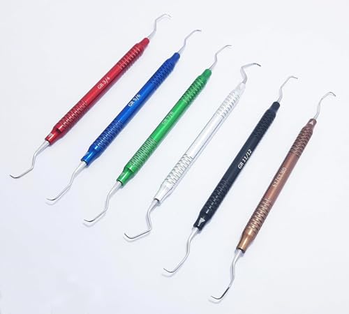 Dental Gracey Curette Set Aluminum Hollow Handle Multi Colour Coated 6 Pcs Periodontal Curettes Double Ended
