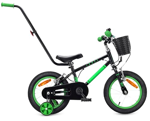 sun baby Bicicleta Infantil 14 Pulgadas Lovel, Niño 3-5 Años, Máx 50 kg - Bicicleta para niños, Ruedas Laterales, Cesta, Timbre, Protector de Cadena, Manillar - Negro-Verde