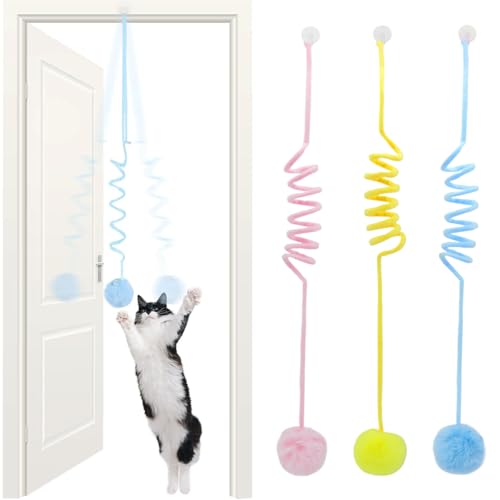 Lot de 3 jouets interactifs pour chats d&rsquo;intérieur, pour chats adultes, suspendus à la porte, avec cloche et queue, jouets d&rsquo;intérieur