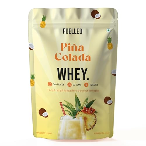 Image of FUELLED Whey Protein Powder with 24g Protein, 5g BCAAs, Pina Colada Flavour, 3 kg, 90 Servings, Gluten Free, Post Workout Recovery Supplement