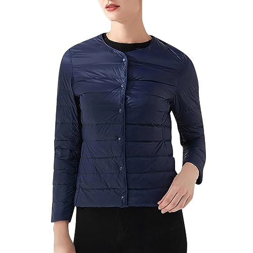 Image of Generisch Winter Jacket Women's Winter Coat Women's Down Jacket Plain Elegant Round Neck Thin White Duck Down Collarless Short Slim Fit Liner Long Sleeve Warm Down Jacket, navy, L