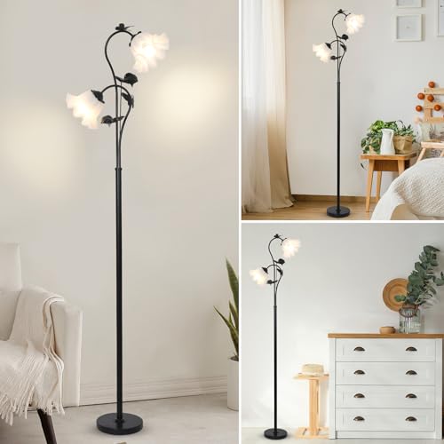 Image of HMVPL Black Floor Lamp for Living Room, Flower Standing Lamp with 2 LED 5W Blubs, Foot Switch, Floral Tall Lamp with Acrylic Shade, Antique Lotus Flower Floor Lamp for Living Room Office Reading
