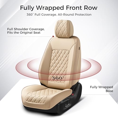 Image of Huidasource Beige Front Seat Covers, Leather Car Seat Covers Front Seats, Driver Seat Cover Waterproof, Airbag Compatible, Universal Fit for Most Cars, Vans, Trucks, SUVs (Front Pair /Beige)