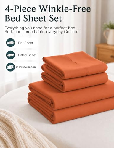 Image of LuxClub 4 PC Full Size Sheet Set Deep Pockets 18 inch Wrinkle Free Cooling Sheets Machine Washable Hotel Bedding Silky Soft - Autumn Orange Full
