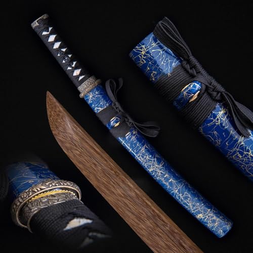 ZHAOMEI Espadas samuráis Cortas de Madera, Wakizashi japonés de Madera, Katana de Madera de wengué Natural, Bokken Hecho a Mano para Regalos, decoración, exhibición, Cosplay, Accesorios-Blue||53CM