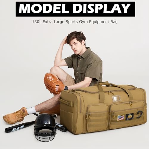 130L Hockey Bag Extra Large Heavy Duty Mens Sport Gym Equipment Duffle Bag for Football, Basketball, Team Coach, Travel (Brown)4