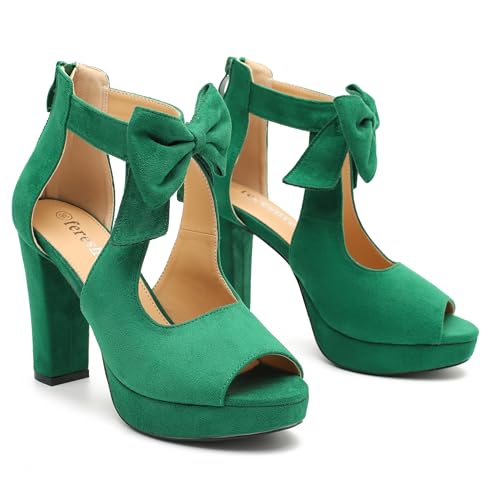 Image of fereshte Women's Bow Chunky Heel Sandals, Platform High Heel, Peep Toe, 3.94 Inch Block Heel