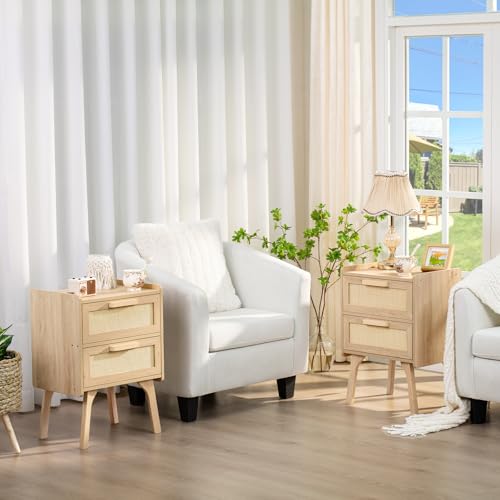 Lerliuo Rattan Nightstands Set of 2, Boho Night Stand with 2 Drawers, Cane Accent Side End Table, Bedside Table with Solid Wood Legs for Bedroom, Dorm and Small Spaces (Natural)
