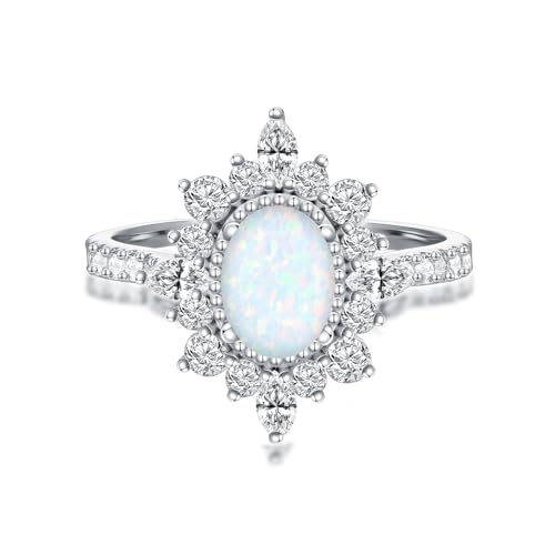 YDD 1.5ct Oval Cut Opal Engagement Rings for Women Halo Genuine Opal Rings for Women 925 Sterling Silver Opal Wedding Ring Anniversary Promise Ring