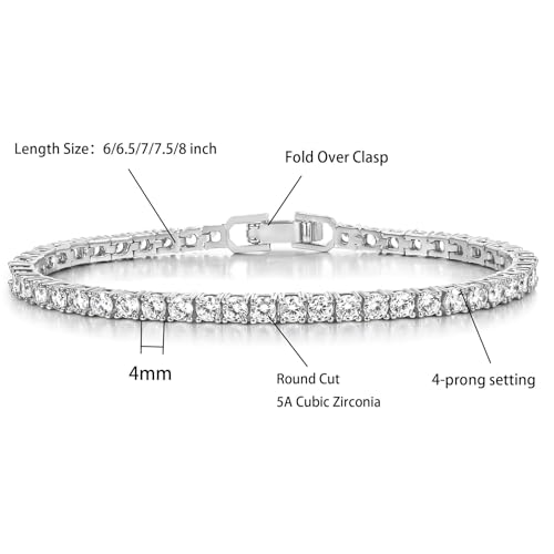Gemsme 4mm Tennis Bracelets for Women, 18K White/Yellow Gold Plated Fold Over Clasp 4mm Round Cubic Zirconia Classic Tennis Bracelets for Women, Size 6-8 inch2
