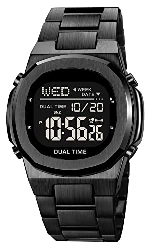 Men's Multifunctional Electronic Watch Outdoor Sports Watch EL Light Large Digital Display Timing Stainless Steel Digital Watch Men(Black2)