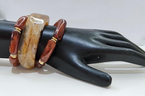 Image of Fuschianet Accessories Brown Resin Marble Bamboo Curved Beads, Broad Mustard Uneven Square Stackable Bracelets for Women and Girls Set of 3