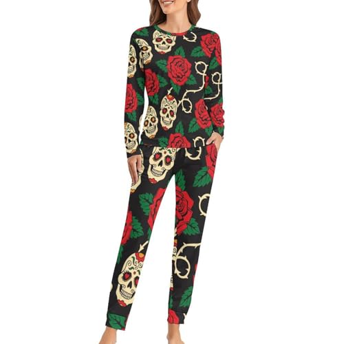 Pyjama femme crânes rose rouge fini les nuits froides grâce au t-shirt manches longues