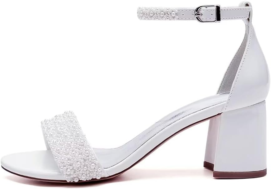 Low Block Heel Wedding Sandals Beaded Wedding Shoes for Bride Ankle Strap Bridal Heels - Image 3