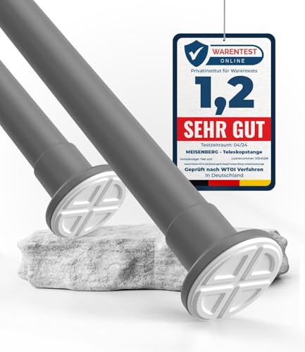 MEISENBERG Duschvorhangstange ohne Bohren 160-210cm, Grau, Ø 32 mm, Teleskop Gardinenstange Klemmen - Vorhangstange für Fenster, Dusche und Trennwand