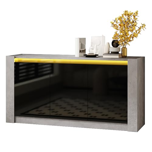 Azkoeesy Moderner Buffet mit 3 Türen in Schwarz Hochglanz, Küchenschrank, Sideboard 150 cm, LED-Beleuchtung, Drucköffner, für Wohnzimmer Azkoeesy Moderner Buffet mit 3 Türen in Schwarz Hochglanz, Küchenschrank, Sideboard 150 cm, LED-Beleuchtung, Drucköffner, für Wohnzimmer