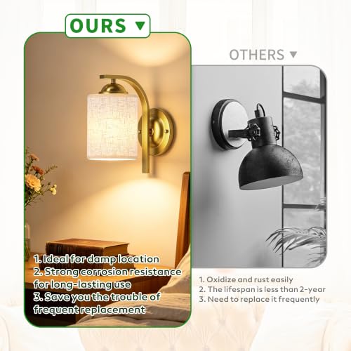 Image of 2-Pack Wall Sconces for Bedroom and Bathroom, Gold Farmhouse Wall Light Fixtures with Fabric Shade, Modern Vanity Wall Lamps for Living Room, Hallway, Kitchen