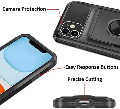 Vunake for iPhone 11 Case with Card Holder iPhone 11 Phone Case Credit Wallet Case with Ring Kickstand Heavy Duty Hard PC TPU Bumper Cover Armor Shockproof Protective Case Cover for iPhone 11,Black