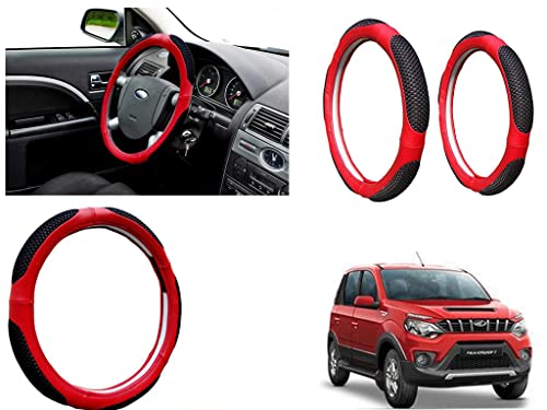 Image of Microfiber Car Steering Wheel Cover, Soft Padding Great Hand Feel, Anti-Slip, Faux Leather Steering Cover for Mahindra Nuvo Sport | Black Red Jali - Pack of 1