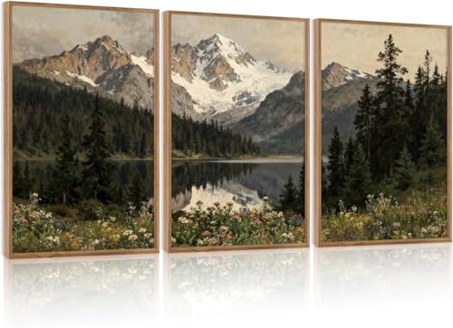 Image of Celestdeco Framed Snowy Mountain Forest Canvas Wall Art,Woodland Forest Lake Landscape Wall Decor,Modern Natural Green Wildflower Poster for Farmhouse Living Room Bedroom Office 30x40cm