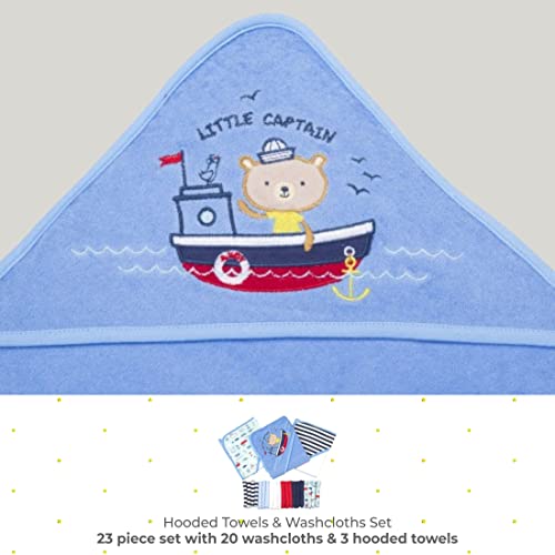 Image of Spasilk 23-Piece Soft Terry Hooded Bath Towel and Washcloth Set, 3 Baby Towels and 20 Baby Washcloths for Newborn Boys and Girls, Navy Nautical