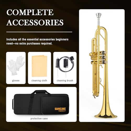 SONICAKE Bb Standard Trumpet, Student Trumpet Set for Beginner, Brass Trumpet Instrument with Hard Case, Cleaning Kit, 7C Mouthpiece and Gloves, Ideal Gift for School Band Orchestra, QTP-01, Golden - Thumbnail 6