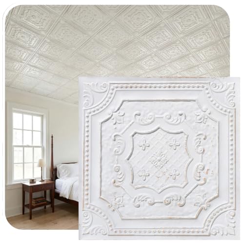 from Plain to Beautiful in Hours DCT04 Elizabethan Shield PVC 2' x 2' Lay-in or Glue-up Ceiling Tile (Covers / 40 sq.ft), Antique Taupe, 10 Piece