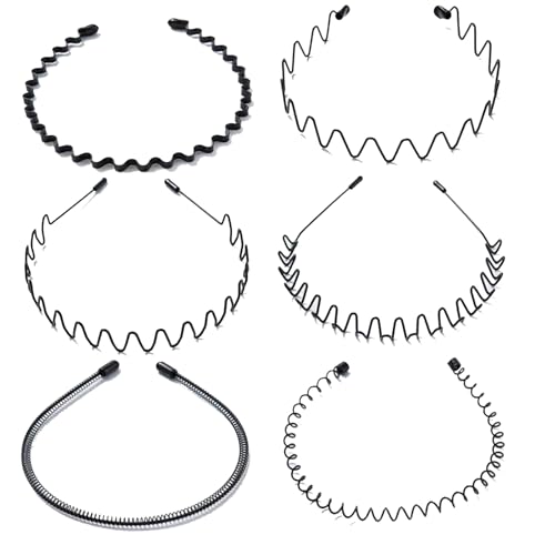 Confezione da 6 cerchietti in metallo da uomo, elastici neri, antiscivolo, unisex, per palestra, corsa, sport, design ondulato a molla per uno stile di vita attivo