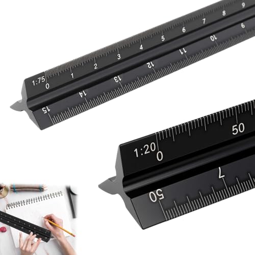 Jecdfs Architektonisches Lineal, Aluminium, dreieckig, metrische Skalen 1:20, 1:25, 1:50, 1:75, 1:100, 1:125, Standard, für Architekten, Studenten, Zeichner und Ingenieure, Schwarz