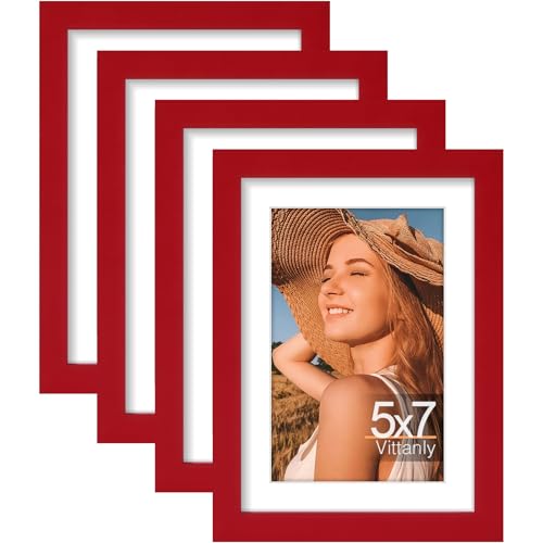 Vittanly 5x7 Picture Frames Set of 4, for Wall or Tabletop Display, Red