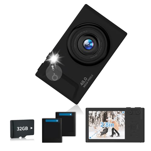 Digitalkamera, FHD-Kamera mit 32-GB-Karte, Umhängeband, 16-facher Zoom, Anti-Shake, 48 MP, kompakt, tragbar, kleine Punkt-Kamera, Geschenk für Studenten, Kinder, Teenager, Dunkelschwarz, 4 K