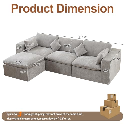 Image of 115''Cloud Boneless Sectional Couch, Modular Sectional Sofa Deep Seat with Ottoman, Oversized Upholstered Convertible Comfy 4 Seater Chenille Sofa L Shape Couches for Living Room, Light Grey