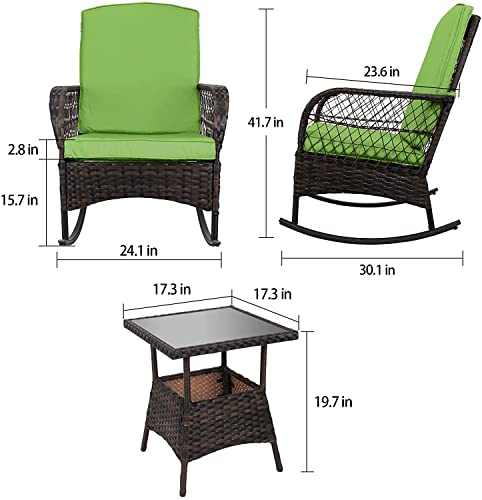 Leveleve 3 Pcs Rocking Bistro Set Conversation Chairs Pe Wicker Outdoor Rocking Chairs & Glass Table,For Porch Lawn Garden Backyard Deck (Green) #TOP2