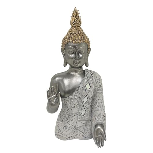 CAPRILO Figura Decorativa Oriental de Resina Plata Buda Mano Levantada Adornos y Esculturas. Regalos Originales. Decoración Hogar.13 x 10 x 27.50 cm.