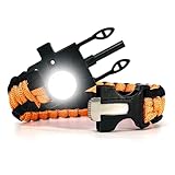 550 Paracord Survival Bracelet with LED Light, Ferro Rod Fire Starter, Scraper Tool and Emergency Whistle for Camping Hiking and Emergency Use - Spark and Shine Edition - Orange