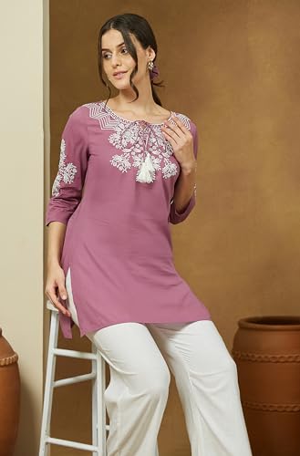 Image of Janasya Women's Purple Pure Cotton Embroidered Straight Tunic