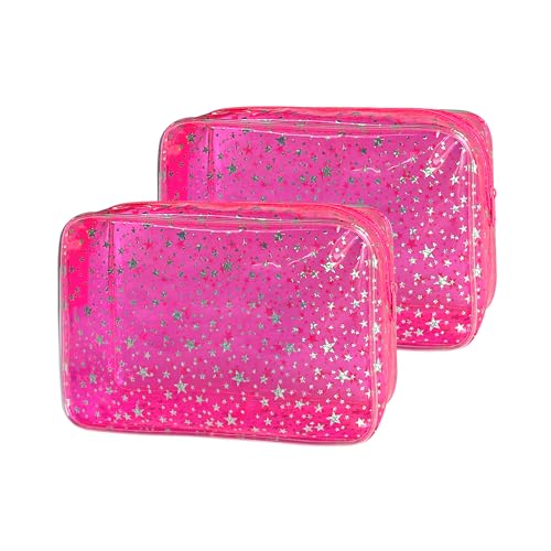 TotePrint 2Set Star Print Clear Makeup Bag, Waterproof PVC Toiletry Bag Travel Cosmetic Pouch for Women & Men, Transparent Shower Bag for Swimming & Gym (9 x 6 x 2.7 in) (Pink)