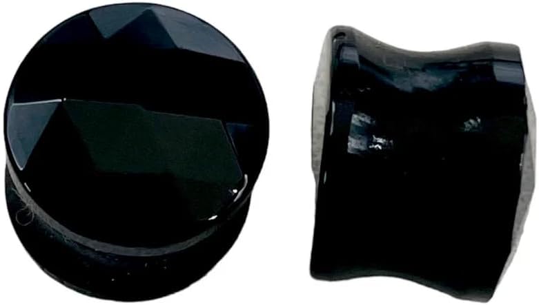 Natural Black Onyx Gemstone Double Flared Faceted Ear Plugs | Handmade Stone Gauges | Organic Body Piercing Jewelry | Stretching Plugs for Ears | Unisex Onyx Ear Tunnel Pair