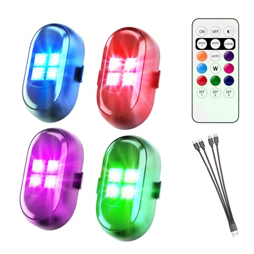 Upgrade LED Lights for Car-4PCS Interior Car Lights with Remote, USB-C 80 Hours 8 Colors IP65 Waterproof Rechargeable Underglow Wireless Strobe Lights for Trucks, eBike, Motorcycle