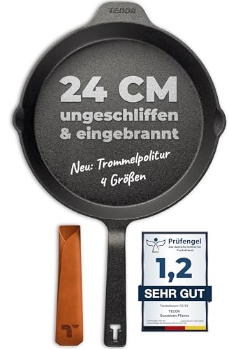 TECOR Gusseisenpfanne Induktion 24 cm ungeschliffen, universell, natürlich - Langlebige Pfanne Gusseisen 24 cm - Antihaft Gusspfanne Induktion einfach, top Qualität - Cast iron pan induction