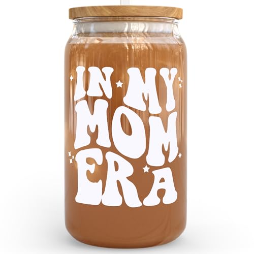 KLUBI In My Mom Era Cup 16 Ounce Mug - Gifts for New Mom Glass Jar with Straw Cups Birthday Gifts for Mother Birthday Gift for New Mothers Presents for Mama Gift
