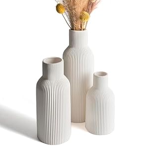 White Ceramic Vases Set of 3 – Modern Matte Ribbed Vases for Pampas Grass & Dried Flowers – Minimalist Decorative Centerpieces for Living Room, Shelf, Entryway & Wedding