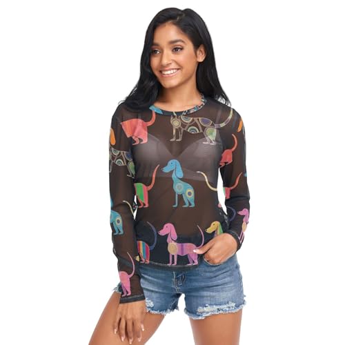 Camiseta de manga de malla negra con flores rojas, para mujer, Perro salchicha colorida, M