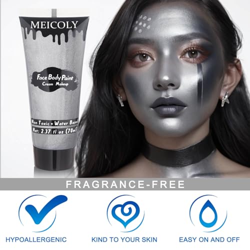 image for MEICOLY Metallic Silver Face Body Paint for Tin Man Makeup,2.37Oz Larg