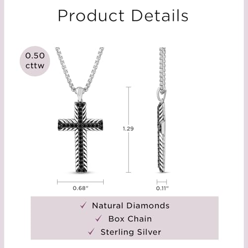 Jewelili Sterling Silver or Yellow Gold Plated Sterling Silver Cross Necklace for Men | 1/2 CTTW Treated Black Round Diamonds | 22" Box Chain | Luxury Jewelry Gift for Him | Gift Box Included4