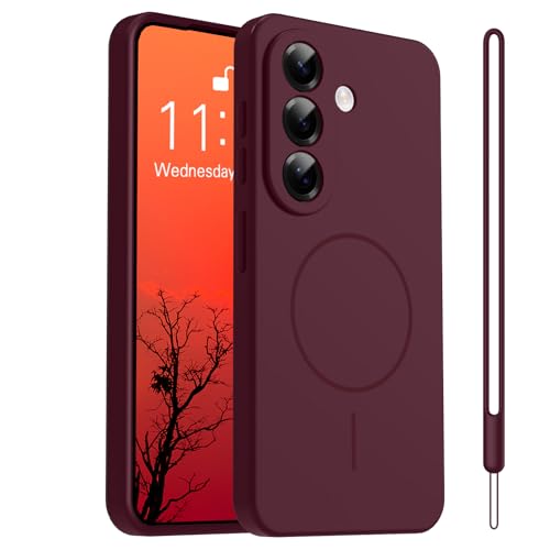 Yoawiful Handyhülle für Samsung Galaxy S24 Hülle Silikon Magnetisch Kompatibel mit Mag Safe für Case Weiches Mikrofaserfutter Anti-Fingerprint Kameraschutz Stoßfest Schutzhülle Weinrot