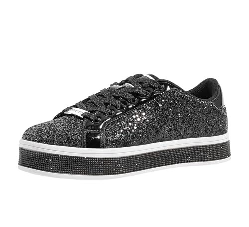 LUCKY STEP Damen-Plateau-Glitzer-Sneaker | Funkelnde Bling Shiny Dressy Bedazzled Hochzeits-Walking Schuhe (Schwarz, 9US-40EU-7UK)