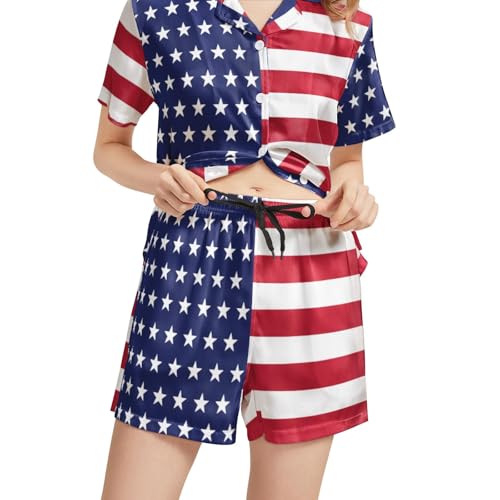Image of Silk Satin Pajama Set for Women Summer Lounge Pjs Sets 2 Piece Suit Ladies Button Down Tops And Shorts Sleepwear